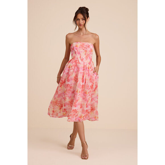 Lulus Dresses & Skirts - Lulus Eulalia Pink Floral Lace-up Strapless Bustier Midi Dress - Size XL